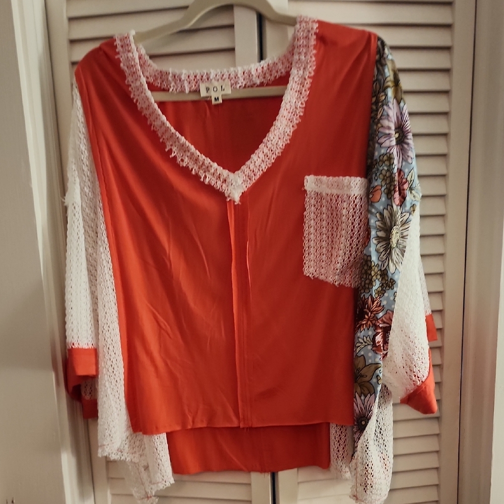 POL Women's Orange Blouse with Lace and Floral Sleeve